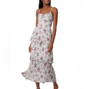 ML Monique Lhuillier Floral Printed Tiered Pleated Chiffon Midi Dress Sz 4